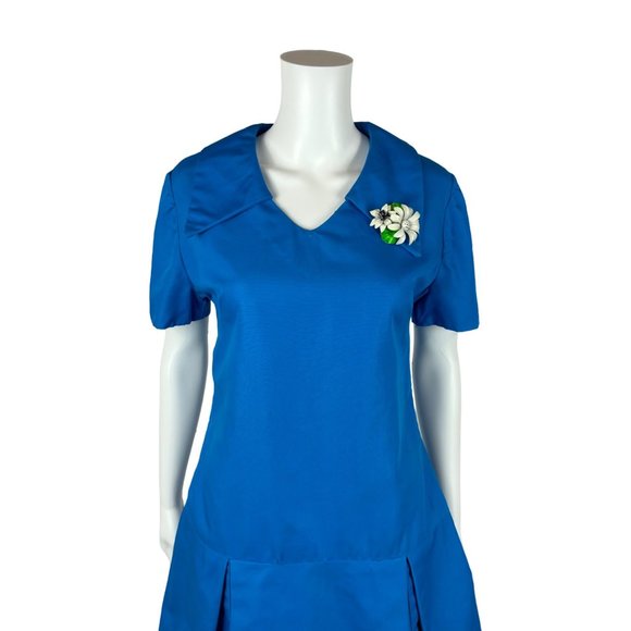 Vintage 60s Scooter Dress Women's Medium Mod Royal Blue V-Neck Dropped Waist - Picture 10 of 11